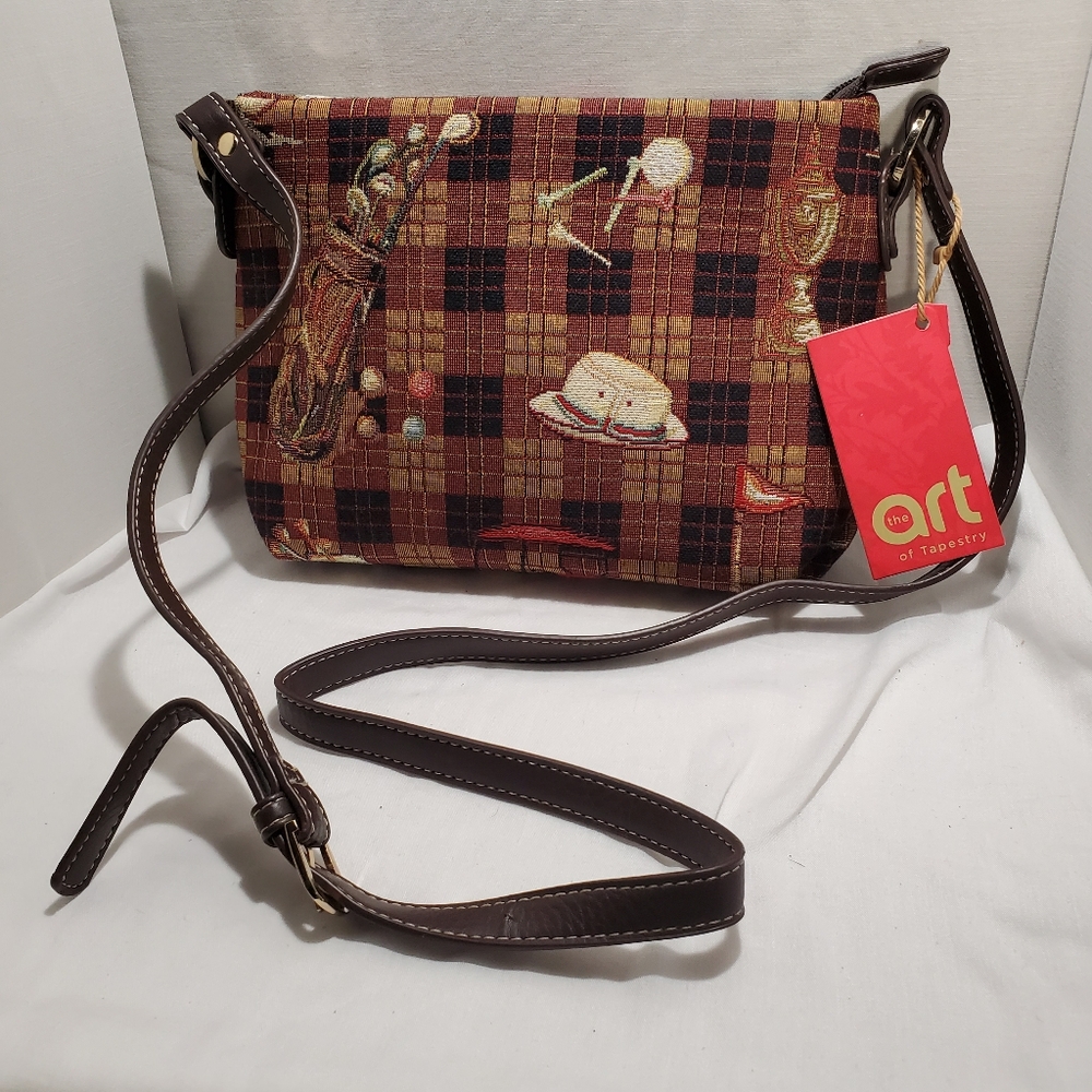Signare Art of Tapistry Plaid Crossbody Bag Golf Design NWT 10" X 6"
